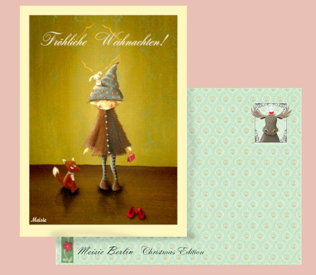 Weihnachtskarte - Feine Dame mit Fuchs