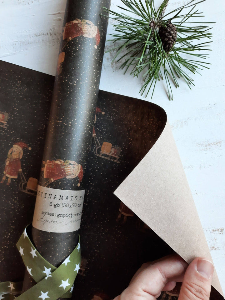 Kraft-Geschenkpapier „Hase mit Schlitten“