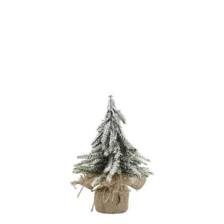Tannenbaum mit Schnee im Jutesack – Natur, 20 cm, Rustikale Weihnachtsdeko
