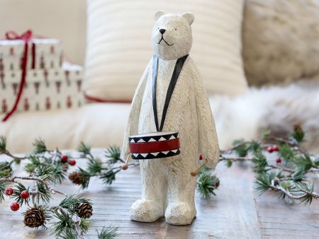 Handgemalter Bär mit Trommel – Antique Weiß, H25 x L12,5 x B12 cm