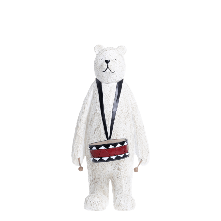 Handgemalter Bär mit Trommel – Antique Weiß, H25 x L12,5 x B12 cm