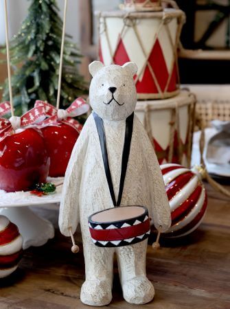 Handgemalter Bär mit Trommel – Antique Weiß, H25 x L12,5 x B12 cm