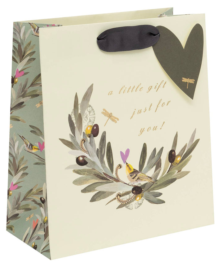 Geschenktasche mit Olivenzweig, Singvogel, Libelle – Ein besonderes Geschenk für besondere Momente