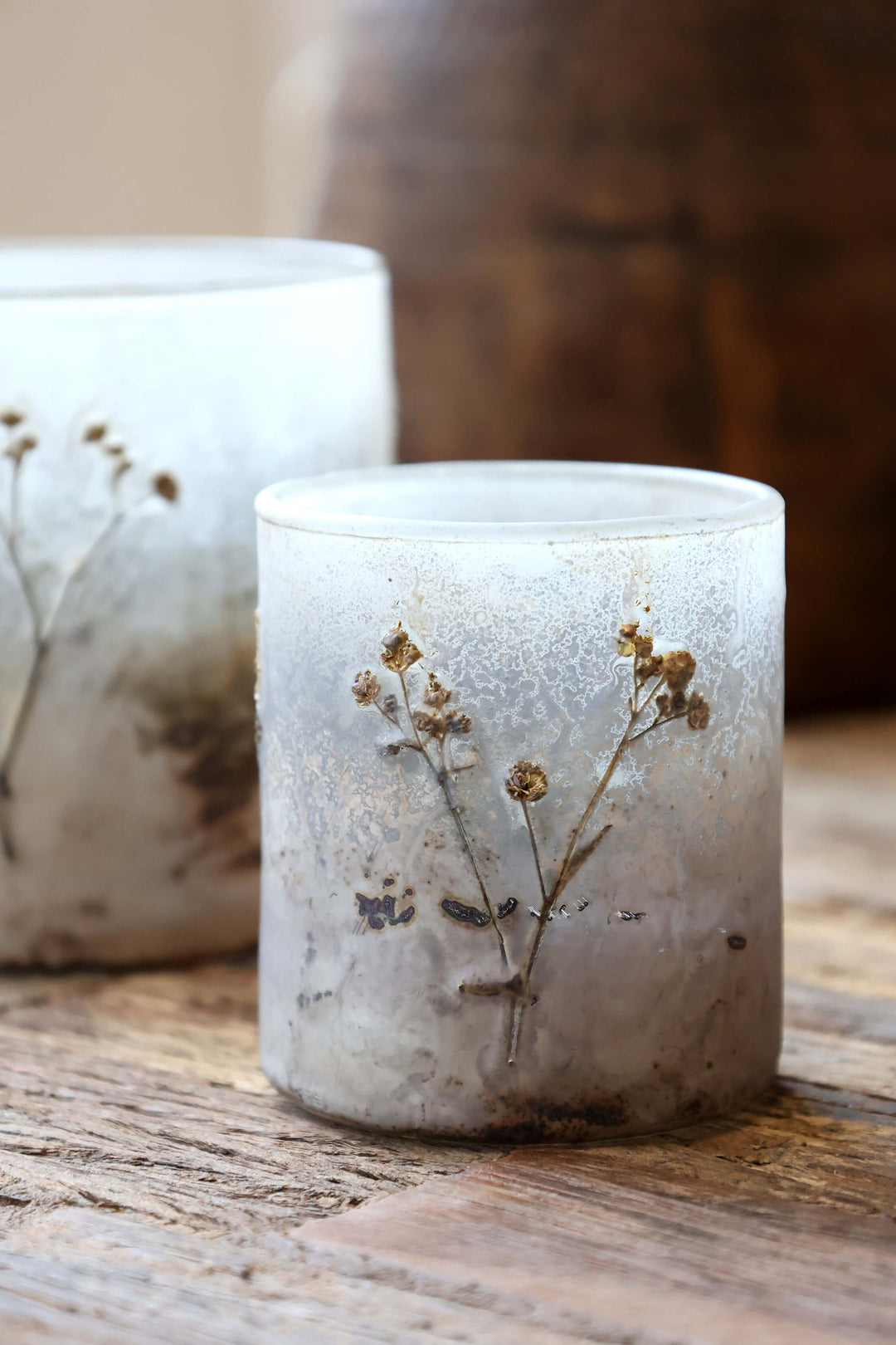Windlicht mit Trockenblumen Antique Mokka Gold – H8 cm × D7 cm