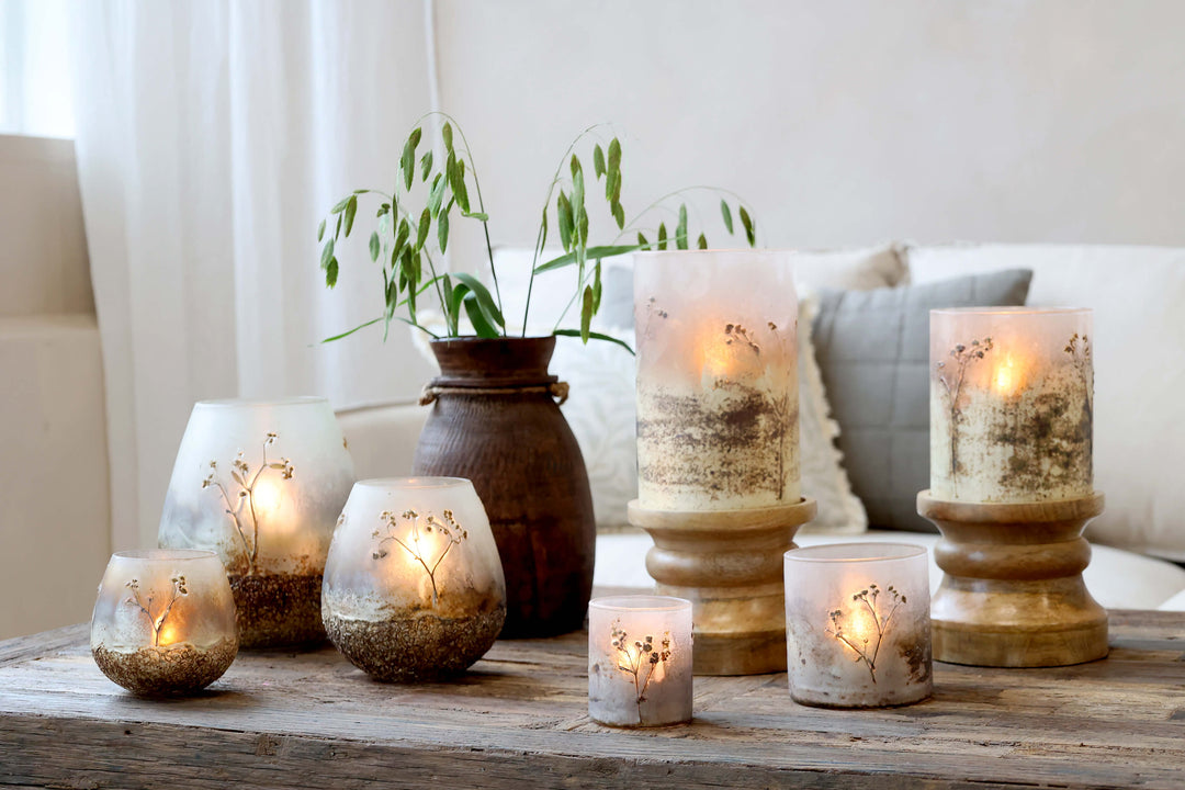 Windlicht mit Trockenblumen Antique Mokka Gold – H8 cm × D7 cm