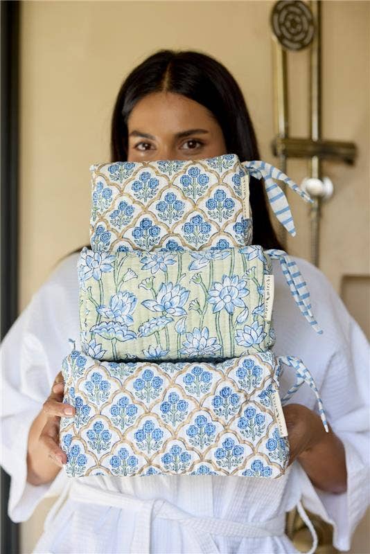 Toilettenbeutel Trellis Indigo aus Bio-Baumwolle, Klein,