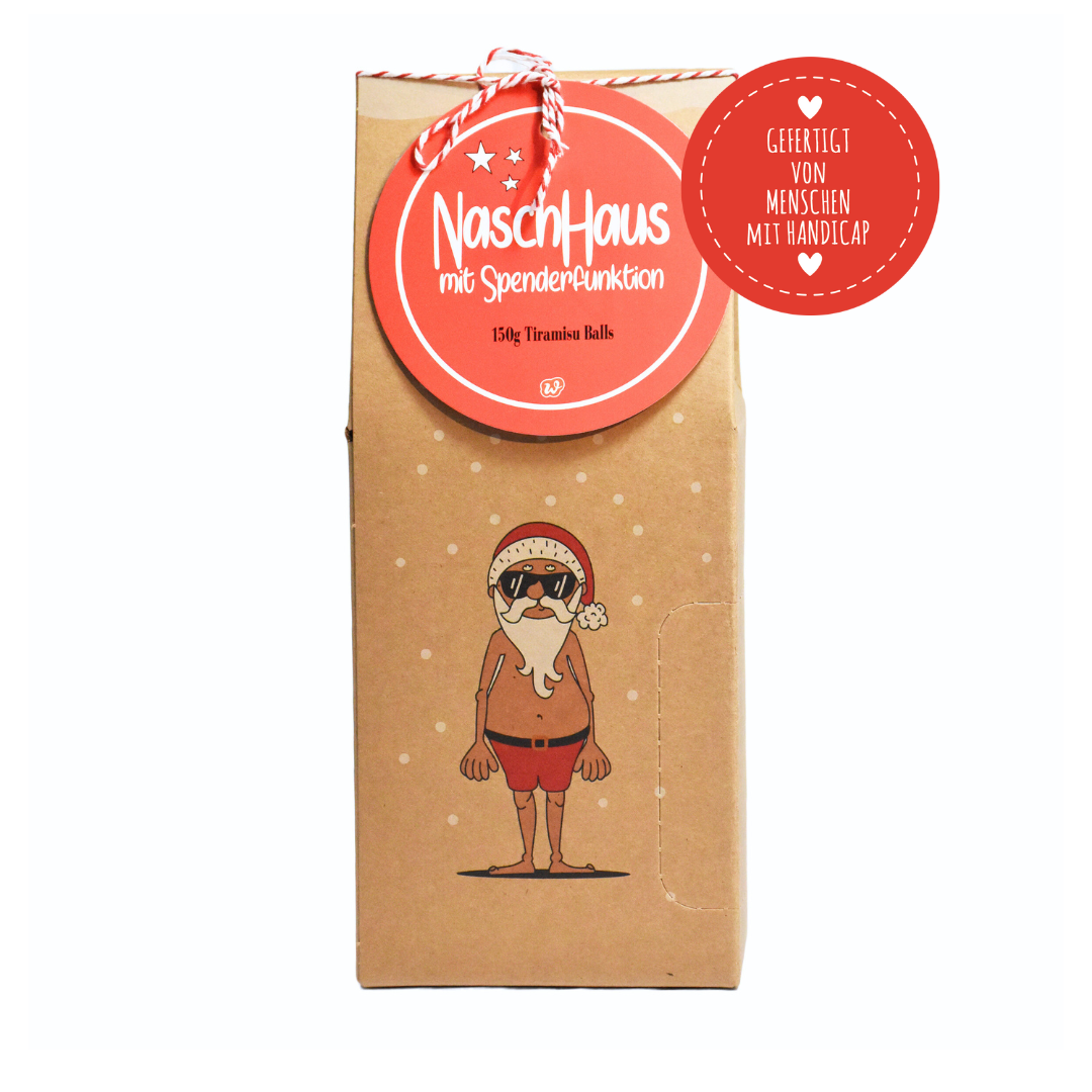 Naschhaus mit Santa – Weihnachtliche Schreibtischdeko mit 80 g Cappuccino-Bällen