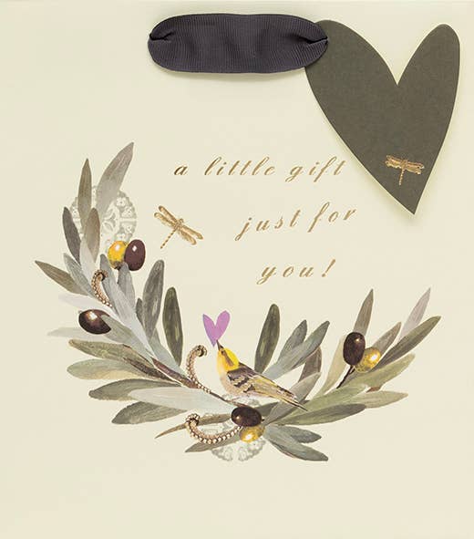 Geschenktasche mit Olivenzweig, Singvogel, Libelle – Ein besonderes Geschenk für besondere Momente