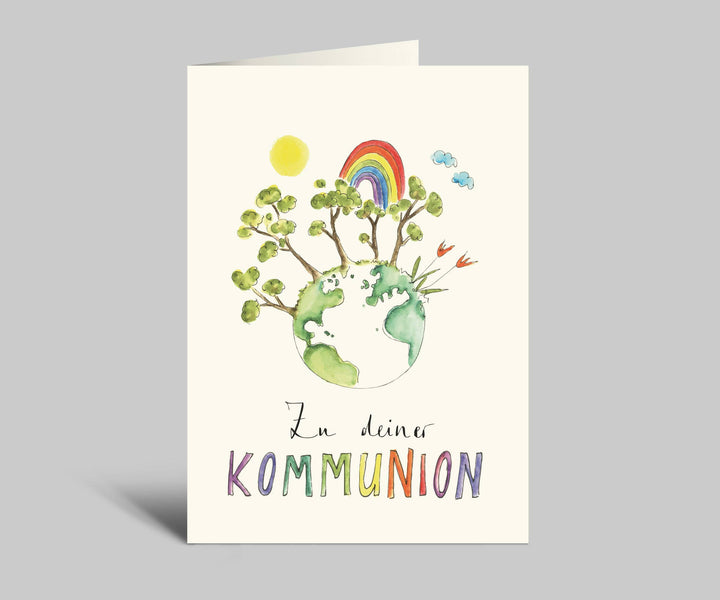 Karte Kommunion - Weltkugel und Regenbogen