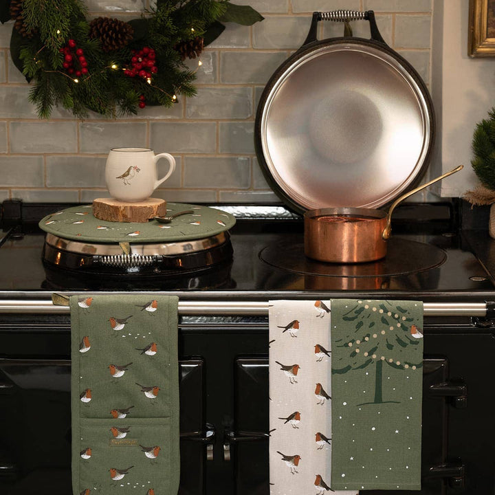 Weihnachtsgeschirrtücher Set mit Rotkehlchen – 2er-Set aus 100% Baumwolle