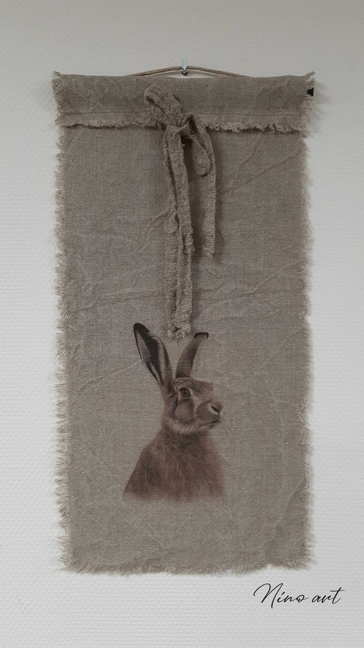 Shabby Wandtuch Hase - Leinen 30x45 cm mit Fransen und Holzleiste
