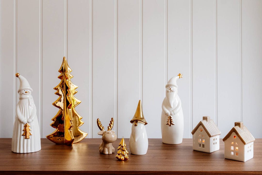 Weihnachtsdeko Keramik Weihnachtsmann Weiß & Gold – Edle Figur