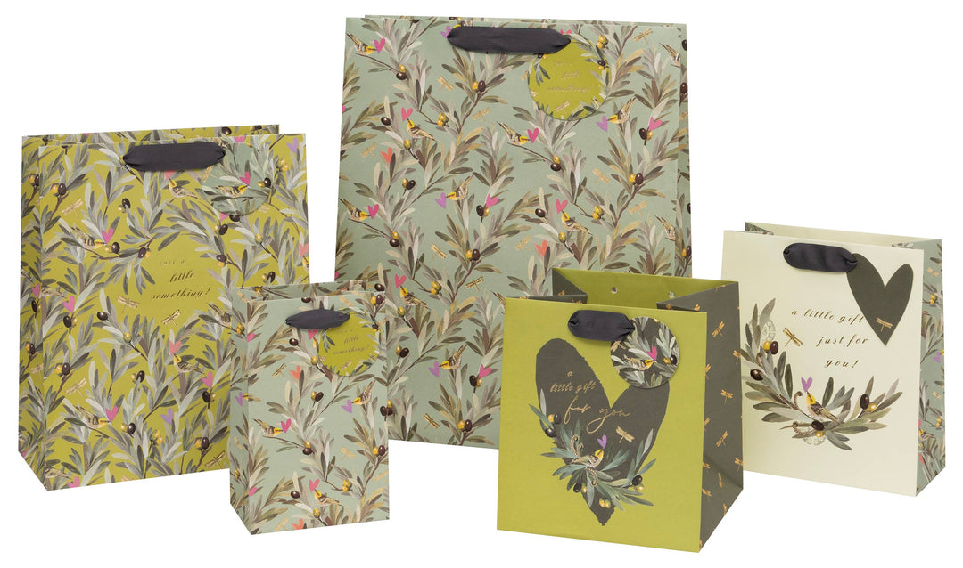 Geschenktasche mit Olivenzweig, Singvogel, Libelle – Ein besonderes Geschenk für besondere Momente