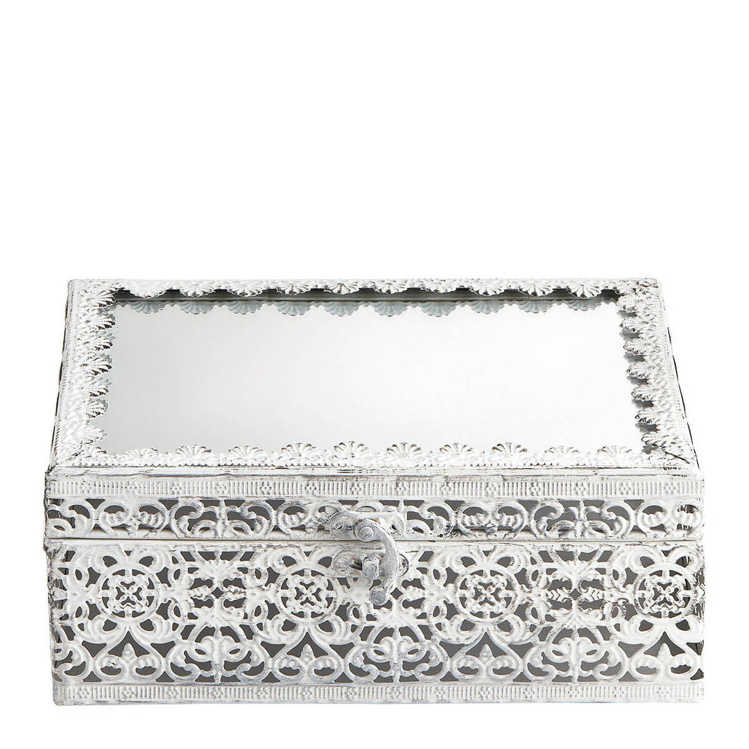 Mathilde M. Schmuckbox – Rechteckig, weißes Metall mit Spiegeldeckel