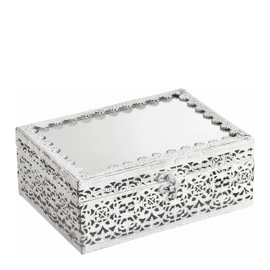 Mathilde M. Schmuckbox – Rechteckig, weißes Metall mit Spiegeldeckel