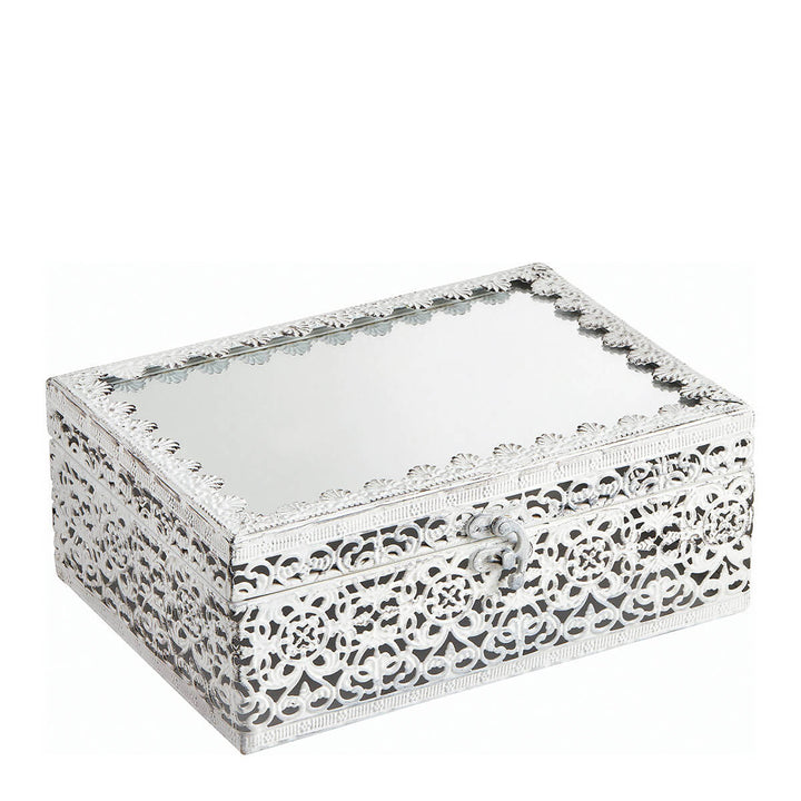 Mathilde M. Schmuckbox – Rechteckig, weißes Metall mit Spiegeldeckel